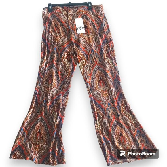 Red Brown Orange Blue Flare Bohemian Zara Flowy Summer Pants Womens Large - Picture 1 of 5